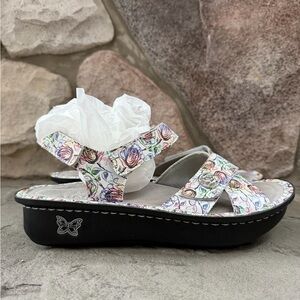 Alegria Vienna Sandals, Leather, Adjustable Straps, White With Colorful Floral